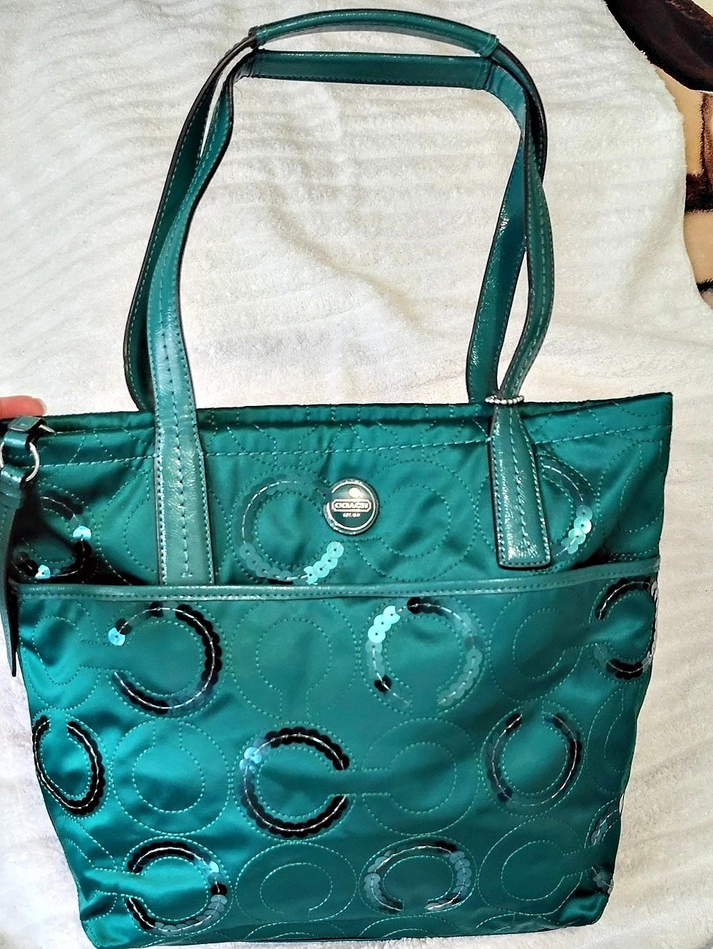 Coach Poppy Kaleidoscopic Glam Signature Tote Green Sequin Tote